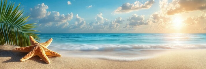 Starfish resting on golden sandy beach with palm leaves beside calm blue ocean under a partly cloudy sky at sunny sunset