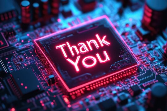 Glowing neon pink 'Thank You' text displayed on a futuristic computer circuit board with blue and red electronic components - Powered by Adobe