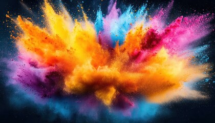 Vibrant explosion of multicolored powder with bright yellow, orange, pink, purple, and blue hues creating dynamic, energetic splash on black background