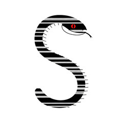 Naklejka premium A stylized serpent coiled in a striking S shape with a piercing red eye and textured scales against a dark space.