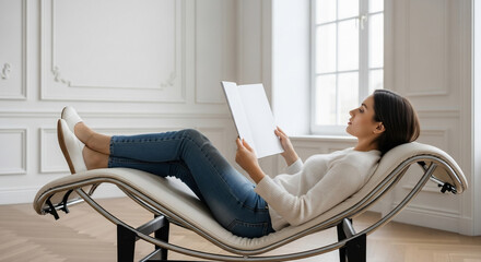 Obraz premium Relaxed Woman Reading Book on Elegant Chaise Lounge