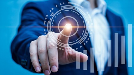 Dynamic businessman touching virtual screen for data analysis
