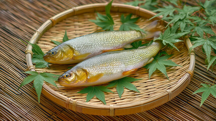 竹ざるに並ぶ二匹の鮎