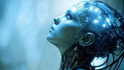 女性型アンドロイドが光る脳回路を持つ様子