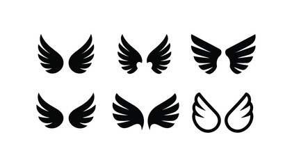 Wings icon set vector illustration, black silhouette and outline angel wings collection for fantasy, freedom, flight, tattoo, logo, and decoration.