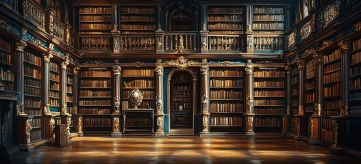 Grand historic library interior with floor-to-ceiling wooden bookshelves filled with old books, ornate gold decorations, and warm natural light creating a quiet and majestic atmosphere