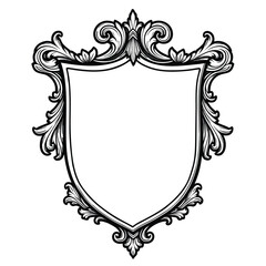 Ornate shield frame with decorative scrollwork crest