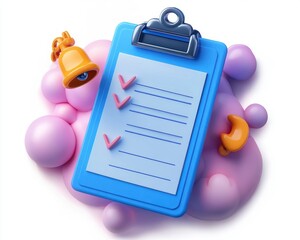 3D illustration of a blue clipboard with a checklist showing three pink check marks, surrounded by pink bubbles with a yellow bell and orange bell icons floating around