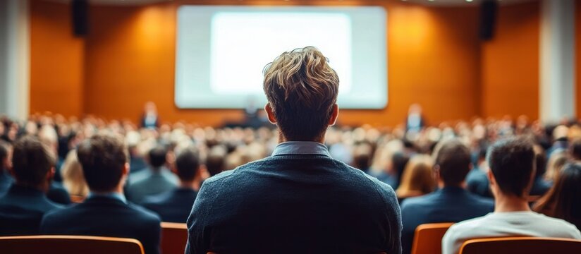 Rear view of a man watching a presentation in a crowded conference room with a large screen and audience seated attentively