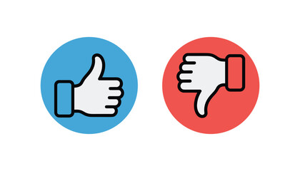Thumbs up and thumbs down icons set, like and dislike button symbols, social media feedback response icons in flat style.