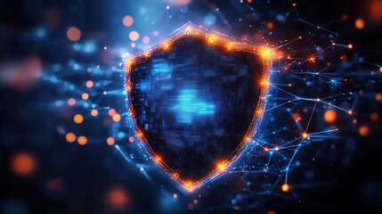 Obraz premium Glowing digital shield surrounded by interconnected network nodes symbolizing cybersecurity and data protection in a futuristic blue and orange color scheme