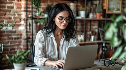 A beautiful woman wearing glasses and striped shirt is sitting at her desk in front of the laptop, working on digital marketing with creative ideas for social media advertising.