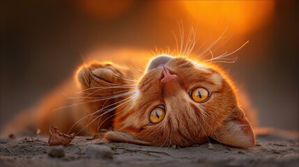 Playful ginger cat in warm sunset light outdoor setting photograph cozy vibe close-up perspective