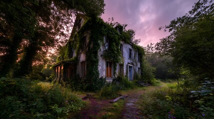 Overgrown abandoned house with vines and trees under a colorful twilight sky in the countryside