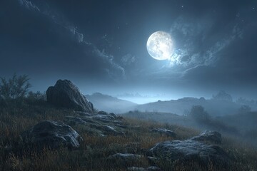 Misty, moonlit landscape with boulders