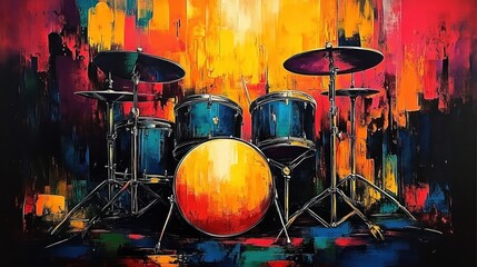 A vibrant abstract painting of a blue drum set against a fiery red, orange, yellow, and black textured background conveying energy and creativity