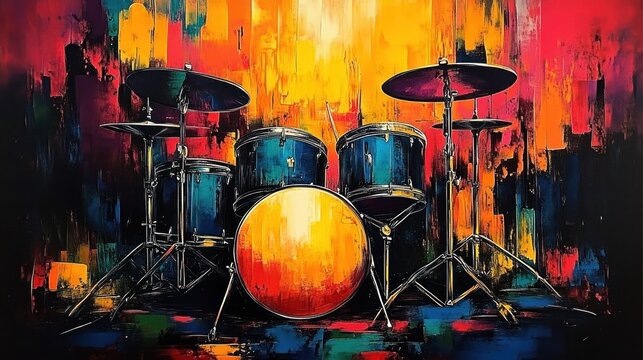 A vibrant abstract painting of a blue drum set against a fiery red, orange, yellow, and black textured background conveying energy and creativity