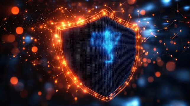 Glowing digital shield with bright orange nodes surrounding a blue glowing center on a dark background representing cybersecurity and data protection