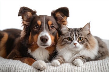 Fototapeta premium Close-up of a calm brown and white dog and a fluffy gray and white cat lying next to each other on a textured surface looking directly at the camera