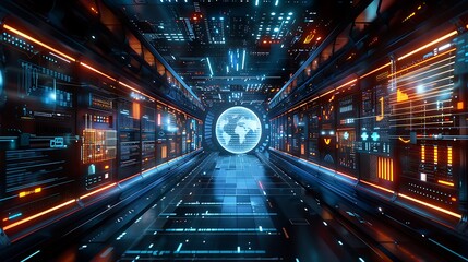 Futuristic server room with glowing world map offers a dynamic look at global data connections