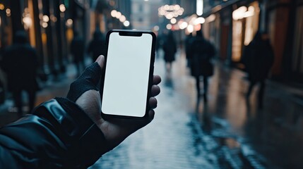 A hand in a dark glove holds a smartphone with a blank white screen, standing in a dimly lit, bustling city street at night, blurred pedestrians in the background