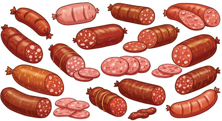 An assortment of whole and sliced sausages, varying in size and color
