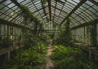 Fototapeta premium Abandoned greenhouse filled with lush overgrown greenery.