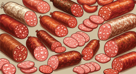 An assortment of various salami and sausages, whole and sliced