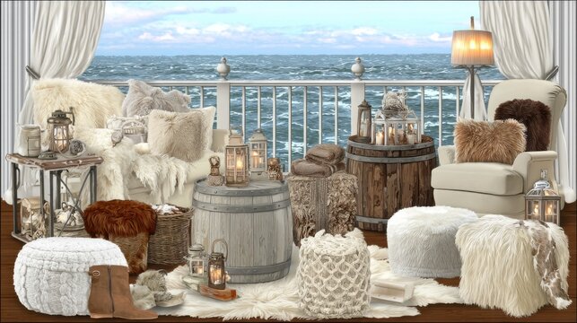 Cozy balcony retreat with chic furnishings seaside view interior design inspiration relaxing atmosphere - Powered by Adobe