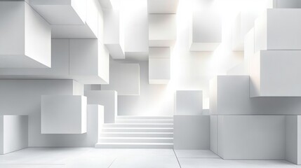 Bright futuristic white interior with geometric floating and stacked cubes and central stairs illuminated by soft glowing light