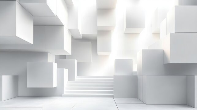 Fototapeta Bright futuristic white interior with geometric floating and stacked cubes and central stairs illuminated by soft glowing light