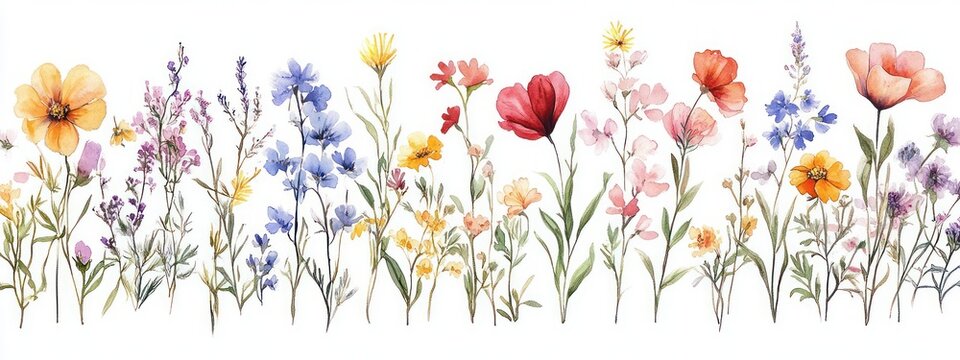 Delicate watercolor painting of a variety of colorful wildflowers and small blossoms arranged in a horizontal line with thin green stems and leaves