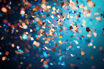 colorful square confetti falling against a blue blurred background creating a festive and joyful atmosphere