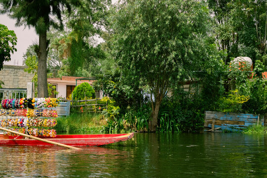 Red canoe on Lake Xochimilco