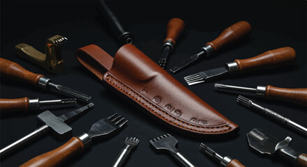 Brown leather knife sheath surrounded by leatherworking tools on black surface