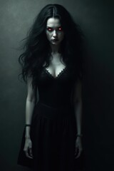 Eerie woman with glowing red eyes and dark hair emanating mystery and supernatural power