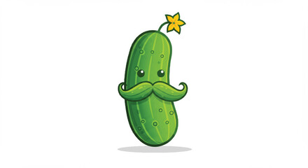 Cartoon cucumber with a mustache and flower