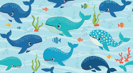 Cartoon whales and small fish swimming underwater