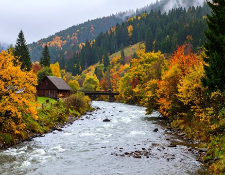 Autumnal mountain river landscape