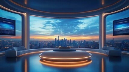 Fototapeta premium Futuristic lounge with panoramic cityscape view at sunset featuring sleek modern furniture and ambient lighting creating a calm and elegant atmosphere