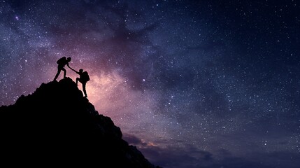 Fototapeta premium Hiker helping friend reach mountain summit under starry deep space,sunrise backdrop, symbolizing teamwork, support, leadership, friendship,shared journey toward success and achievement in challenging