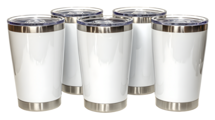 Four blank white tumblers with silver accents
