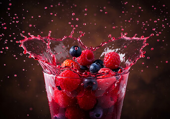 Splashing fresh mixed berries in a glass of juice.