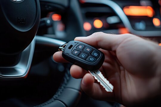 Hand holding a car key fob with buttons inside a modern vehicle showing steering wheel and dashboard lights in the background - Powered by Adobe