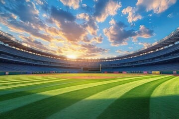 Empty baseball stadium field with striped green grass under a vibrant sunset sky filled with scattered clouds