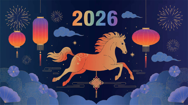 Decorative chinese new year design with traditional motifs on a deep navy blue background