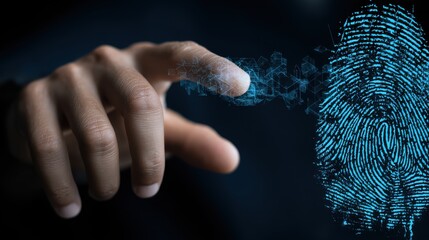 Digital fingerprint authentication technology cybersecurity modern business virtual environment close-up view innovation insights