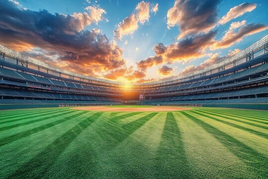 Empty baseball stadium with lush green field at sunset under dramatic cloudy sky casting long shadows