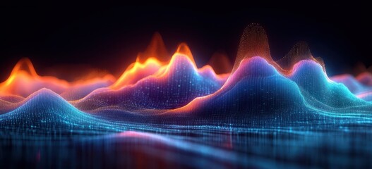 Abstract digital landscape with glowing blue and orange wavy peaks and dotted mesh grid on a dark background, conveying energy and motion