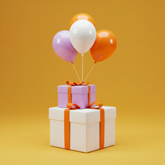 Three Colorful Balloons Floating Above Stacked Gift Boxes on a Mustard Yellow Background